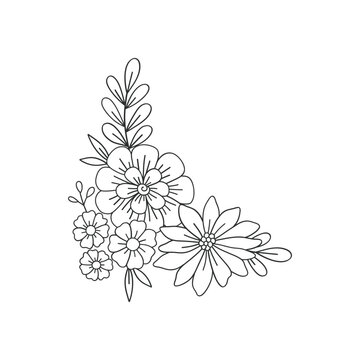 Linear flower arrangement Retro 70s 60s Groovy Hippie Flower Power vibes vector illustration isolated on white. Boho Summer retro colouring page floral bouquet print.