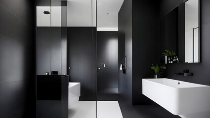 A modern black bathroom interior. Imagine sleek, contemporary design elements seamlessly blending together to form a striking and elegant space. Generative Ai