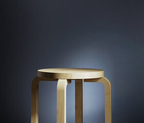 A round wooden stool with a light blue background 3d render