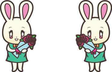 バラの花束をプレゼントするうさぎ