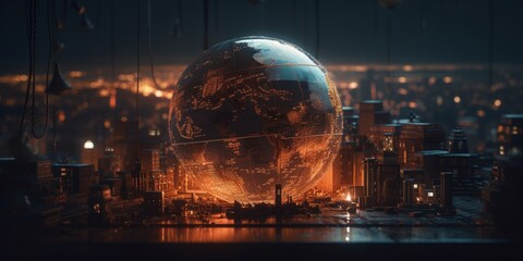 3D rendering of the planet Earth on the background of the city, generative Ai