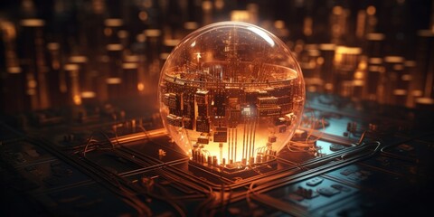 Futuristic 3D illustration of a city in a crystal ball, generative Ai