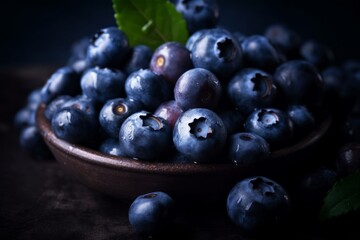 Fresh blueberries in a bowl on a dark background, selective focus., generative Ai