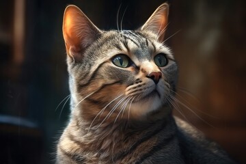 Portrait of a beautiful tabby cat on a dark background, generative Ai