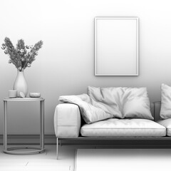 Picture frame interior set in empty room with sofa, 3D render . living room interior with lather sofa, wooden floor, 1 photo frame on a large wall, white lands