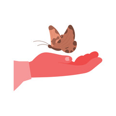 Butterfly on the palm of your hand. Vector illustration.