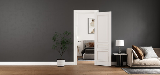 living room with sofa with  bedroom and plaster dark gray walls and wooden floor, empty room with tv cabinet , white door with carpet interior design concept , 3d illustration