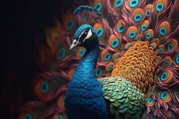 Beautiful peacock with colorful feathers on dark background, closeup, generative Ai