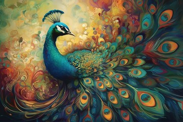 Colourful peacock on abstract colourful background. Digital painting illustration, generative Ai