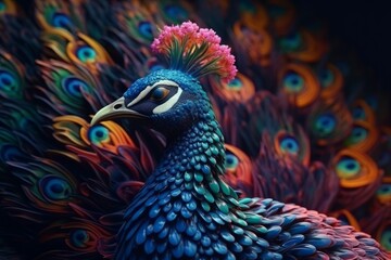Beautiful peacock with colorful feathers on black background. Close up, generative Ai