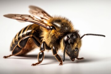 Close-up macro shot of a bee on white background. Shallow depth of field, generative Ai