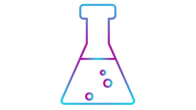 Animated pink blue beaker with liquid. Symbol of analyses. Concept of chemistry, experiments, research, science. Looped video. Linear vector illustration on white background.