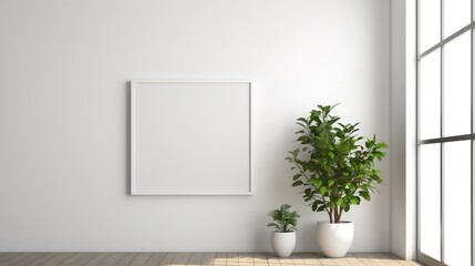 Empty white room with a picture frame and plants