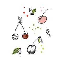 Flat vector icon of appetizing cherries. Abstract Sliced fruits, Abstract flat stickers, emblems and labels for orange fresh juice. Graphic design editable for your design. Isolated. EPS 10.