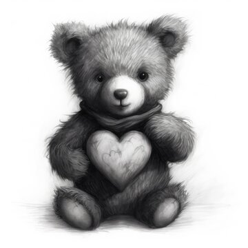 Teddy bear holding a heart, black drawing sketch created using generative AI tools