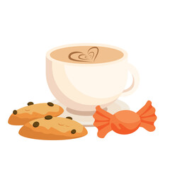 Morning coffee with cookies and candy. Tasty cappuccino with heart