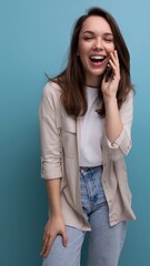 Fototapeta premium positive cheerful 30s brunette woman in shirt talking on the phone