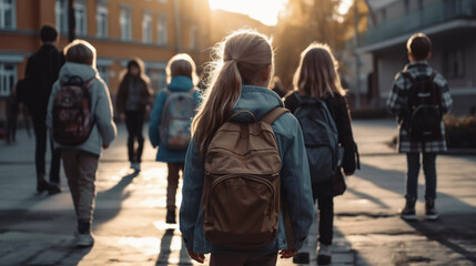 Erster Schultag Schulweg Kinder Rucksack Schultasche Morgen am Weg AI Generated