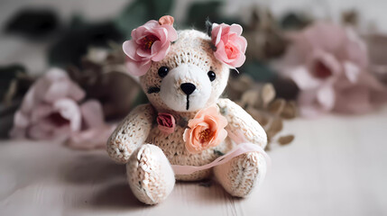 Cute little Rose Teddy bear hand knitted AI Generated