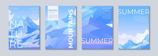 Nature and landscape. Set of vector illustrations. Pictures for posters, postcards, banners, tourism flyer template or covers. Cute vector illustration of blue background with mountains, clouds, sky