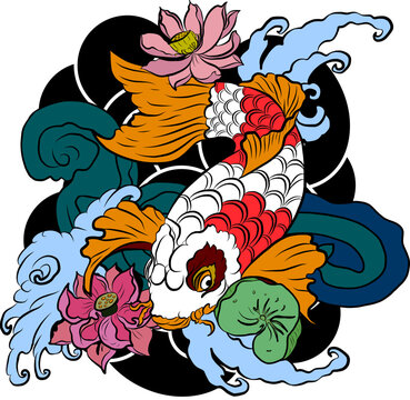 vector illustration of Japanese koi fish tattoo style drawing. Japanese background. tattoo koi fish design. hand drawn outline koi fish and Chinese doodle art. Peony, Cherry blossom and lotus vector.