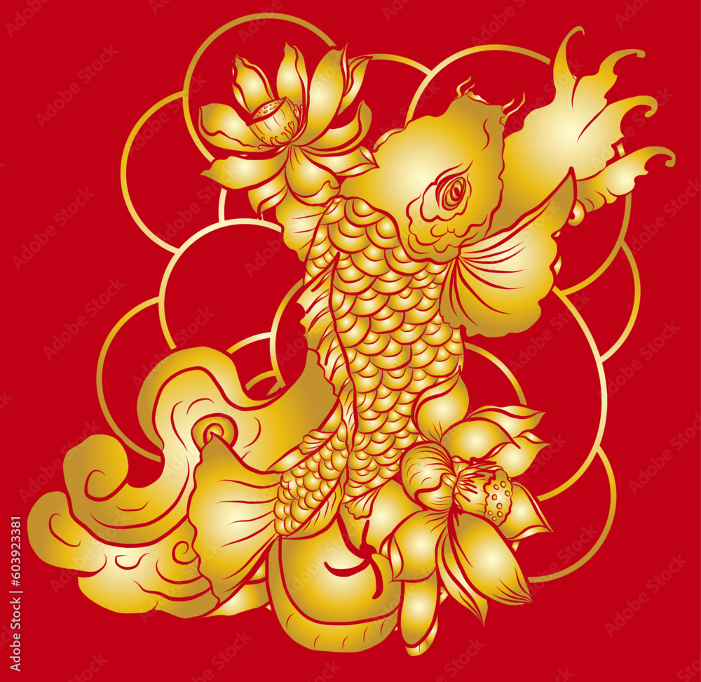 Wall mural vector illustration of Japanese koi fish tattoo style drawing. Japanese background. tattoo koi fish design. hand drawn outline koi fish and Chinese doodle art. Peony, Cherry blossom and lotus vector.