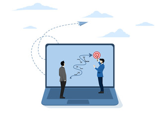 Digital strategy, challenge or technology for business development concept, online marketing or social media communication plan, business people marketer working with digital online plan on computer.