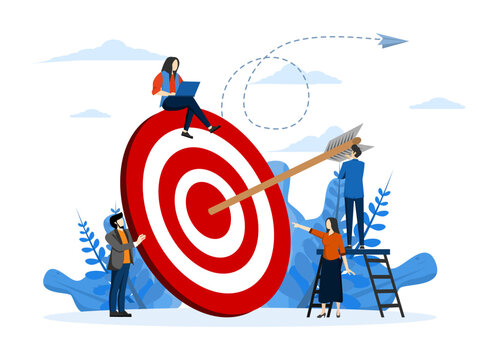 Reaching targets, achieving goals or success in business, teamwork in achieving targets or goals. aim to hit target bullseye concept, business team with arrows stuck on big target.