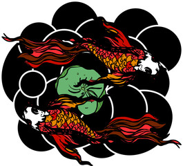 vector illustration of Japanese koi fish tattoo style drawing. Japanese background. tattoo koi fish design. hand drawn outline koi fish and Chinese doodle art. Peony, Cherry blossom and lotus vector.