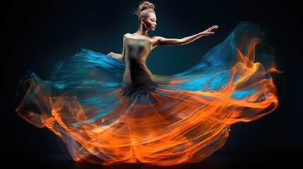 Woman ballet dancer dancing in colorful fluttering dress. Generative AI
