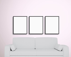 Gallery Wall Set of 3 Frame Mockups on a Pink wall with a white couch, Wall Art Mockup