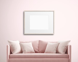 Landscape Frame Mockup on a pink wall with a pink couch, Horizontal Wood Frame