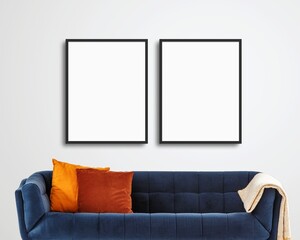 Poster Mockup Framed, Set of 2 Frames with a boho blue and orange couch