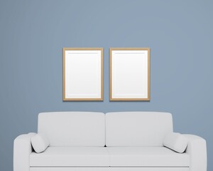 Set of 2 wooden frames for a mockup on a blue wall with a white couch