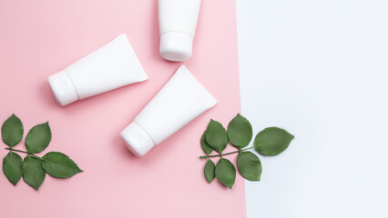 Top view blank white mock-up of cosmetics spa cream bottles