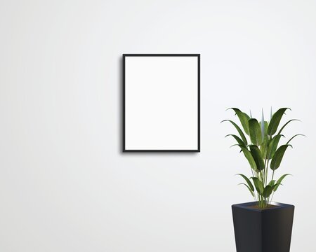 Single mockup picture frame with house plant against a white wall