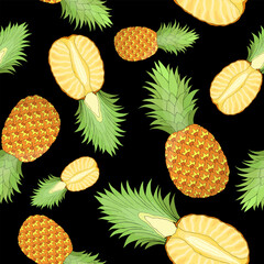 Whole and cut pineapple random repeat seamless pattern. Tropical fruit endless texture. Irregular boundless background. Bright summer surface design. Editable tile for textile, stationery, cosmetics