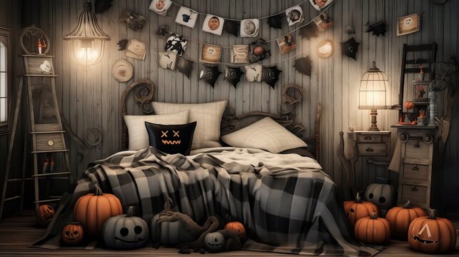 A bedroom designed with Halloween decorations, featuring skeletons, pumpkins, and other typical adornments, generative ai
