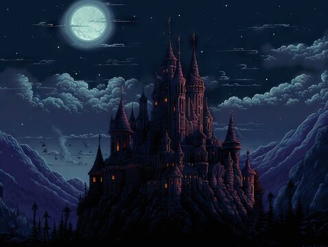 A pixelart designed 16-bit terror castle, reflecting the horror, mystery, and nostalgia, generative ai