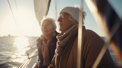 Obraz na płótnie Canvas Generative ai illustration of senior marriage sailing on boat on cold sunny day