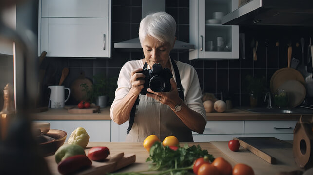 Generative ai illustration of senior woman taking pictures of food in the kitchen