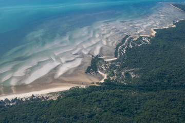 Aerial view of the Coastline with land, beach and ocean on the way to the tip of Australia, Queensland.  Cape York Peninsula, Qld.