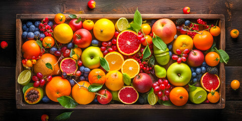 Fototapeta na wymiar Top down view on Fresh berries and fruits, Summer background. Generative AI