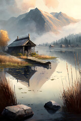House Painting in Beautiful Nature with Mountains and Lake