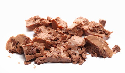 Cat food with pieces of fish ingredients isolated on white  