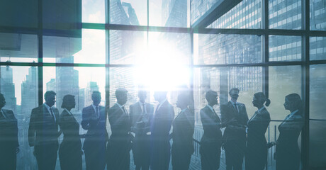 Fototapeta na wymiar Business People Cityscape Architecture Building Business Metropolis Concept . Abstract Image of Business People Silhouettes in Meeting. Business People Meeting Commuter Greeting. Generative AI
