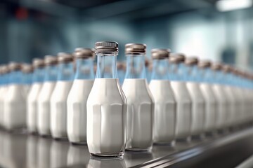 Glass bottles with a dairy product on a production line, close-up. Dairy plant production line. Generated AI
