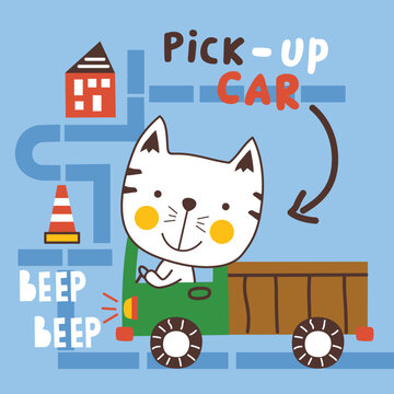 cat and pick up car funny animal cartoon