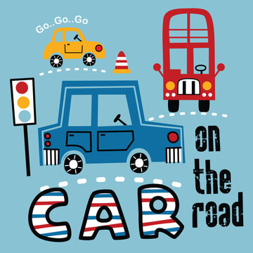car and bus on the road funny cartoon