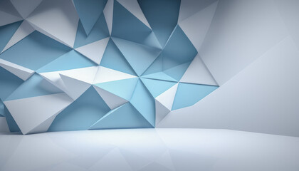 Beautiful futuristic Geometric background for presentation or product placement. Textured intricate 3D wall in light blue and white tones. Generative AI